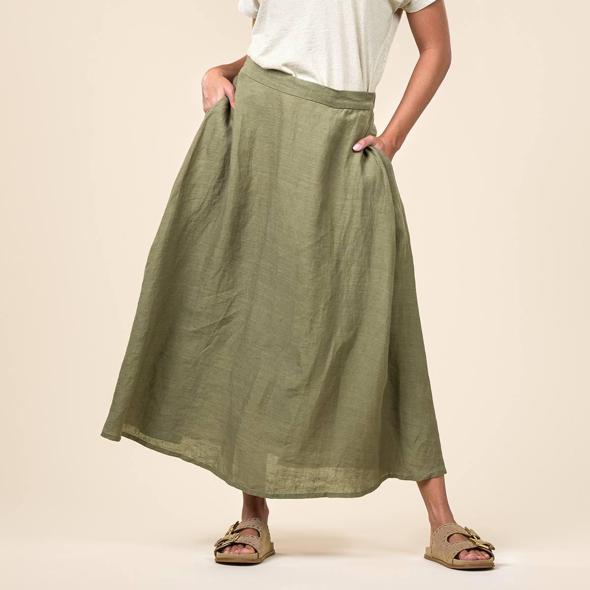 Lange saliegroene rok van 100% linnen | Ecotex